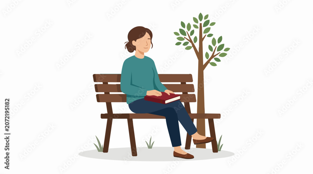 Fototapeta premium Woman Sitting on Park Bench Reading a Book Under a Tree Enjoying a Peaceful Moment Outdoors