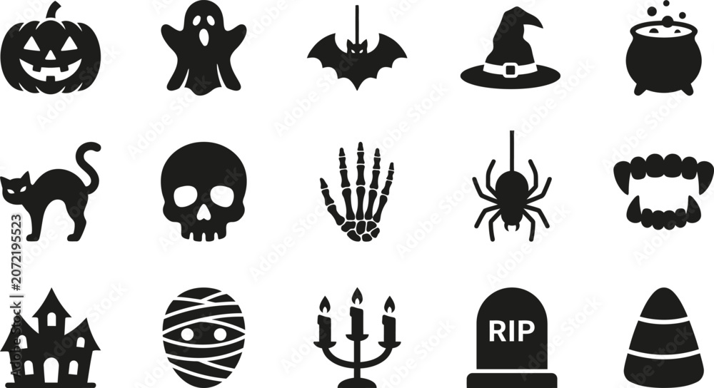 Naklejka premium Halloween icons set black silhouettes
