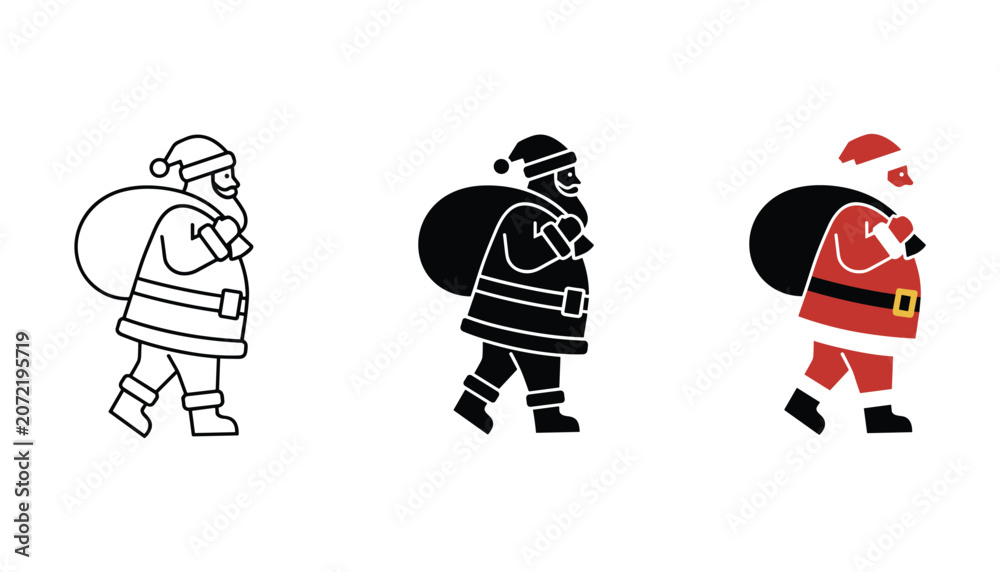 Fototapeta premium Santa Claus walking with sack vector icon set featuring line art solid black silhouette and red flat design styles for Christmas holiday marketing and festive branding