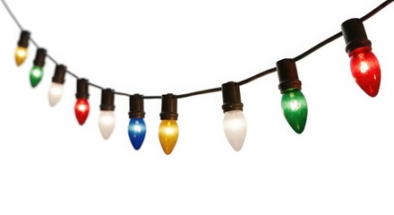 String of glowing colorful christmas fairy lights on a white background
