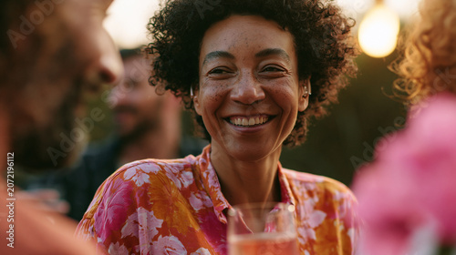 Close-up portrait of a woman with curly hair, smiling widely and laughing. she is wearing a pink and orange floral blouse and is holding a glass of orange juice in her hand.