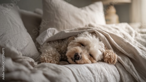Dog sleeps on a blanket bed