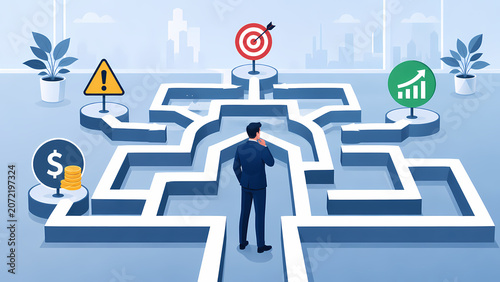 Businessman standing in front of complex business maze path thinking about strategic corporate choices and decision making processes to reach financial success and growth.