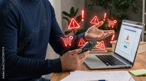 online payment failure and consumer frustration concept. businessman encountering technical errors on digital dashboard, failed shopping cart icons, cybersecurity warning signs, and mobile banking 