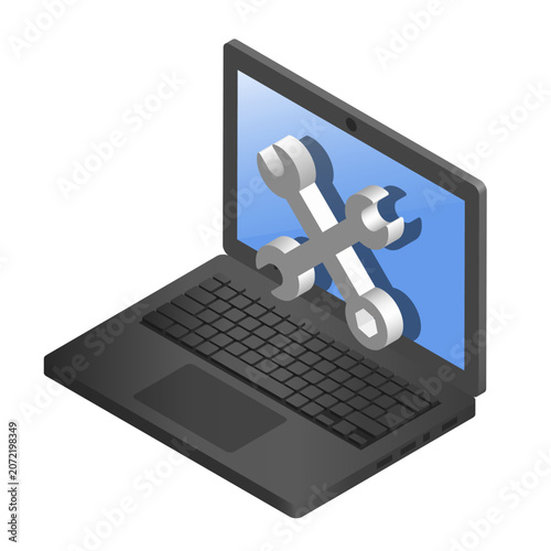 PC and laptop repair. Isometric laptop. Isometric 3D vector clip art.