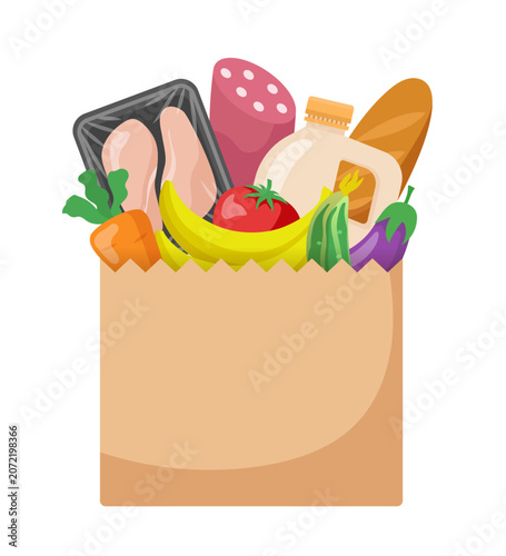 Grocery Bag with Food. Color vector illustration. Hand drawn.