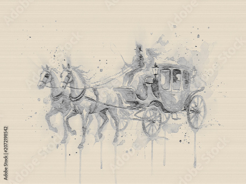 Konstfotografi Vintage Horse Drawn Hearse Carriage Sketch on Textured Paper for Halloween Desig