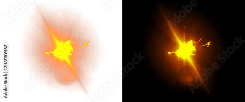 Obraz na plátně Muzzle flash muzzle fire effect on black and white background, bright yellow gun