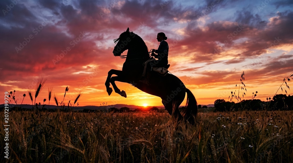 Obraz premium Silhouette of a woman riding a rearing horse in a meadow during a dramatic sunset. Concept of equestrian sport, lifestyle, nature and commercial marketing use. Generative AI.