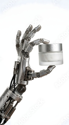 Robotic mechanical hand holding a glass jar of cosmetic cream with mechanical technology cosmetic skincare innovation automation
