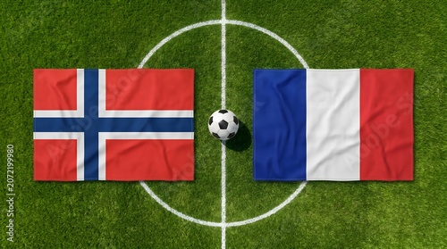 Norway and france national flags with a soccer ball on a green grass pitch field football tournament championship competition european