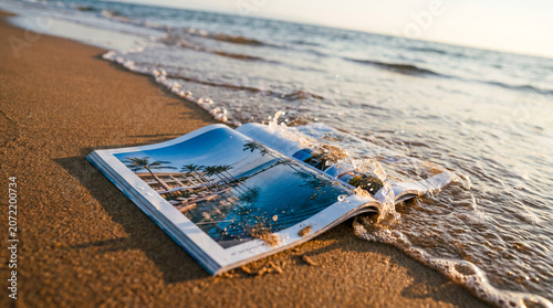 A travel magazine by the sea as a symbol of the end of vacation and tourism. Print edition, spread with a photo of a luxury hotel, tour selection, tour operator, sandy beach, first line