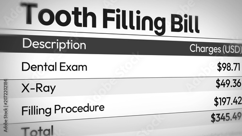 Detailed dental bill showing charges for exam, X-ray, filling procedure concept backdrop