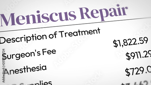 Meniscus Repair medical bill showing surgeon and anesthesia Fees costs breakdown, backdrop