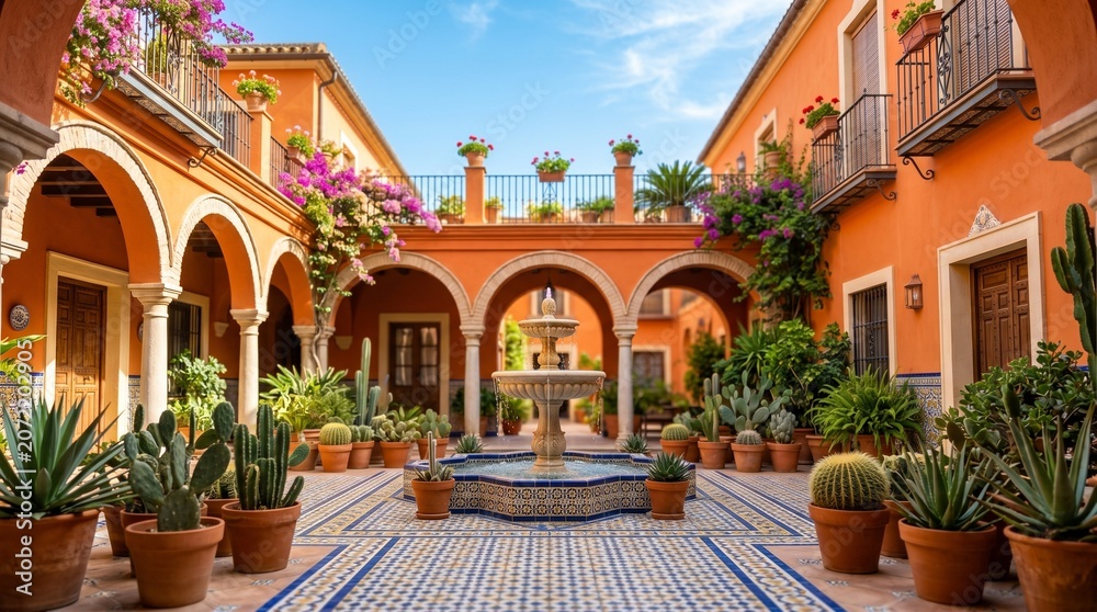 Fototapeta premium Charming courtyard with fountain and colorful plants