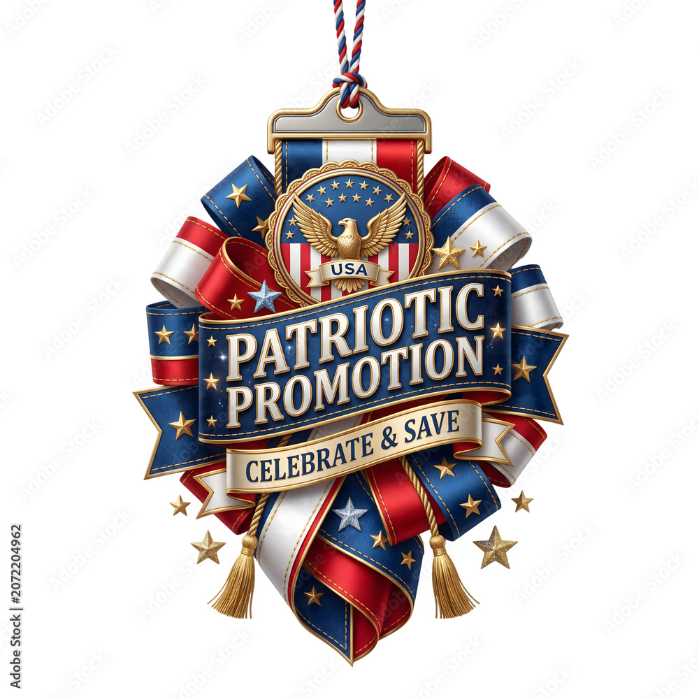 Fototapeta premium Patriotic promotion hanging ribbon badge with USA emblem