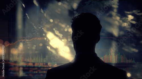 Man in suit views global financial data on a screen in an executive office setting
