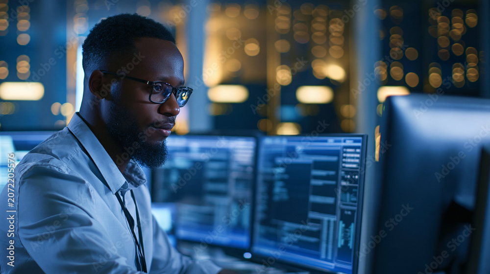Fototapeta premium Faceless handsome African male IT engineer surrounded by office equipment, studying his computer display in a modern data center, reviewing system health and ensuring optimal