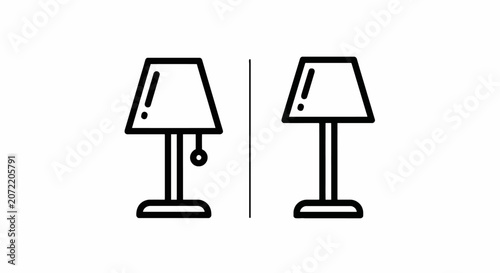 Minimalist line icons showing two different table lamp designs featuring standard lampshade silhouettes on stems lighting furniture interior electric