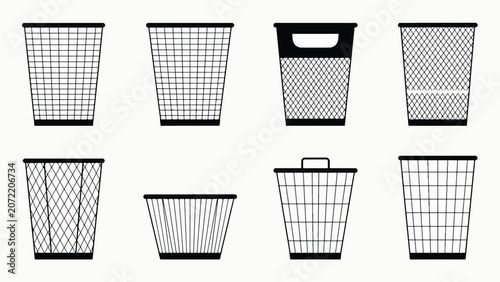 Set of wire mesh waste baskets and trash cans in various designs and shapes