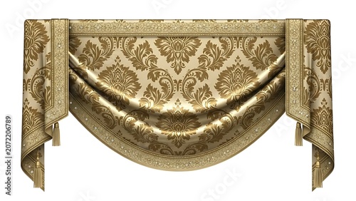 Ornate Golden Damask Drapery Swag with Tassels curtain