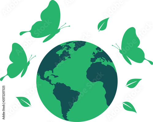 Green earth globe with flying butterflies and leaves isolated on white background