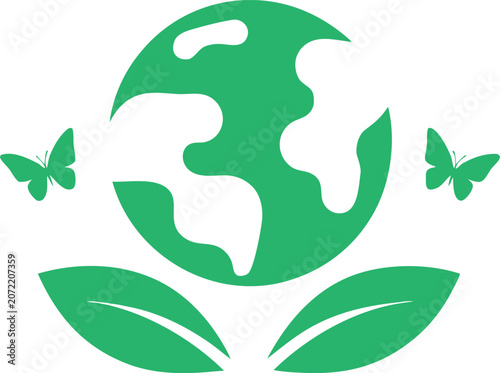 Green earth icon with leaves and butterflies isolated on white background