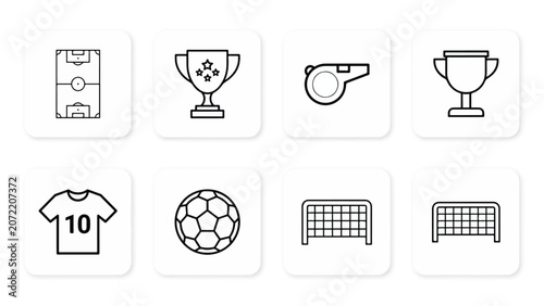 Soccer sports icons set including field jersey trophy whistle ball goal