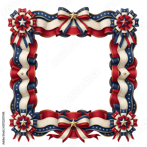 Ornate patriotic ribbon square frame isolated on transparent background