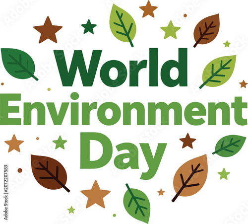 World Environment Day typography with green leaves and stars isolated on white background