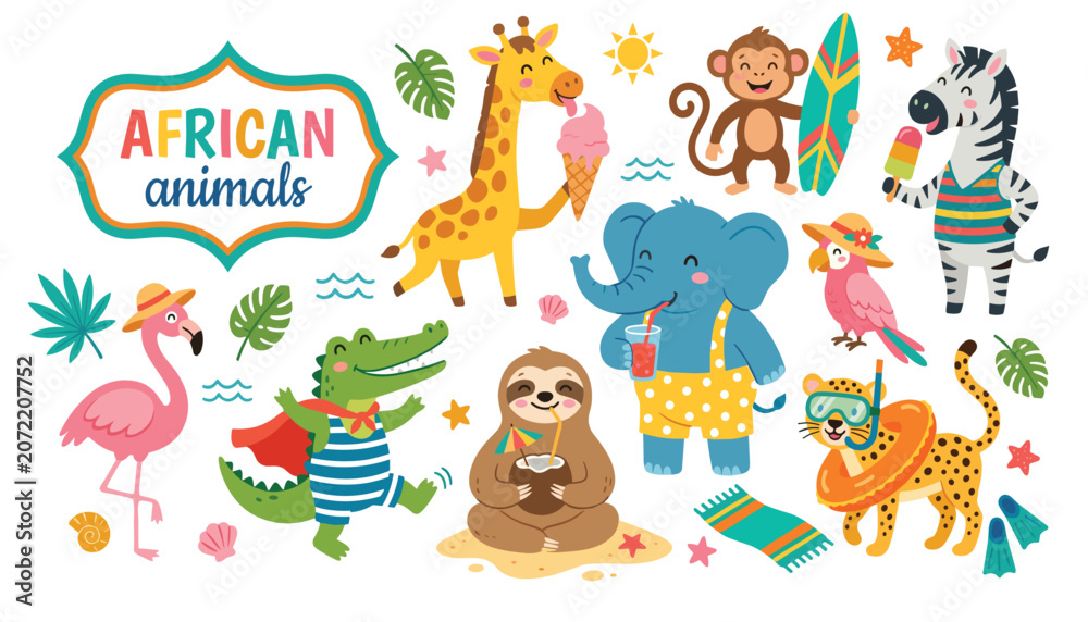 Naklejka premium Cute cartoon African animals summer beach vacation character set with giraffe elephant monkey zebra flamingo crocodile vector illustration isolated