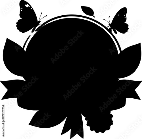 Black silhouette of a round frame with butterflies and leaves isolated on white background