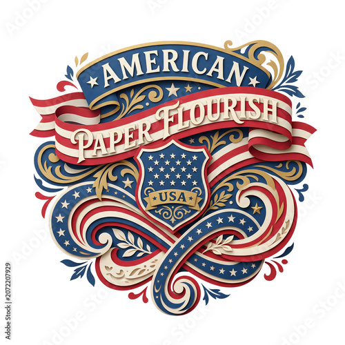 Vintage American paper ribbon flourish decorative emblem