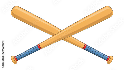 Two wooden baseball bats crossed over each other with blue handles