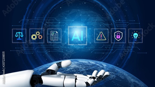 Bild auf Leinwand Futuristic Robotic Hand Presenting Artificial Intelligence Concepts with Digital Symbols for Technology and Innovation Representations