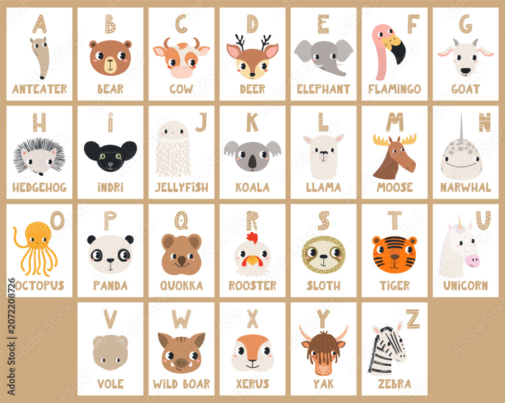 Obraz premium Cute animals, English alphabet, ABC letters cards, flashcards. Wildlife cartoon characters. Kids preschool, school educational, learning materials. Hand drawn flat vector illustration, design element