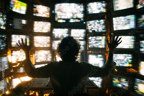 Silhouette of person with raised hands before wall of television screens, concept of information overload and media