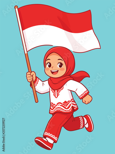 Happy Muslim Girl Running with Indonesian Flag vector design