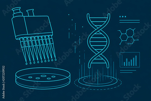 Biotechnology DNA Research Laboratory with Pipette Petri Dish and Molecular Data