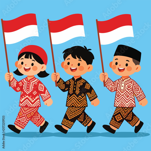 Indonesian Children Celebrating Independence Day with Flags