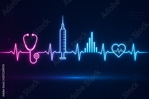 Neon Medical Heartbeat Line with Stethoscope Syringe and Heart Healthcare Icons