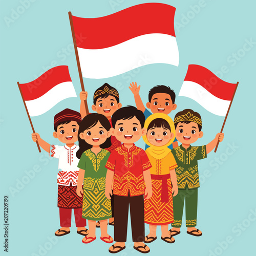 Indonesian Children Holding Flags Celebrating Independence Day