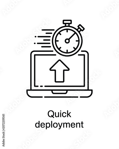 Laptop with an upward arrow and a stopwatch representing quick deployment process