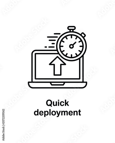 Laptop with an upward arrow and a stopwatch for quick deployment concept