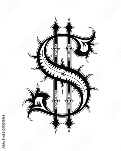Ornate dollar sign symbol with sharp thorns isolated on a white background
