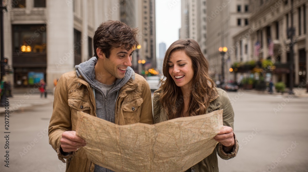 Fototapeta premium A young couple is happily navigating a city street using a traditional paper map. They are smiling and engaged in finding their way, embodying the spirit of travel and urban exploration.