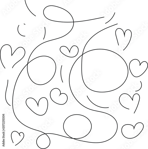 Continuous line drawing with heart shapes and abstract swirls