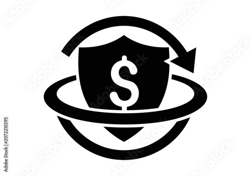 A stylish black icon of a perfect shield silhouette with a huge white dollar sign silhouette surrounded by a circular arrow