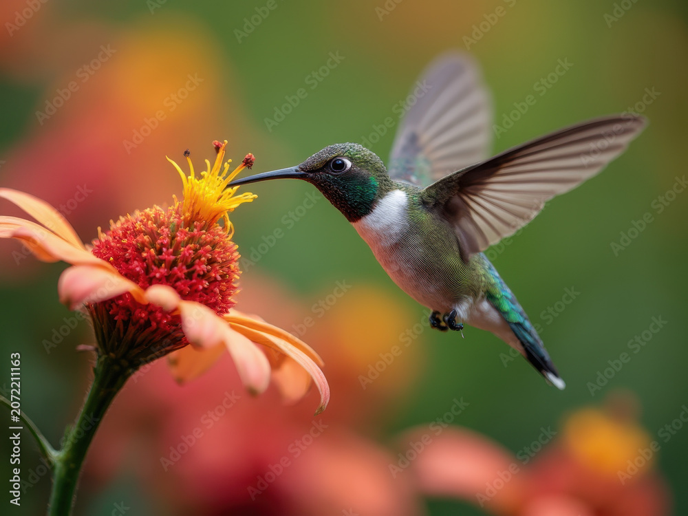 Obraz premium Hummingbird hovering over bright orange flowers