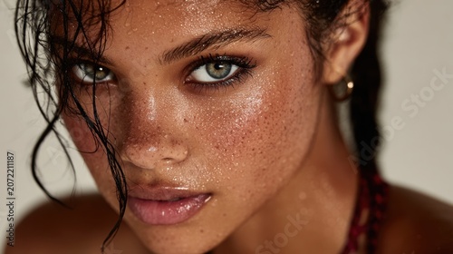 A close up portrait captures a woman s face with visible sweat droplets, freckles, and wet hair. Her skin appears dewy and fresh, highlighting concepts of hydration, natural beauty, and wellness.